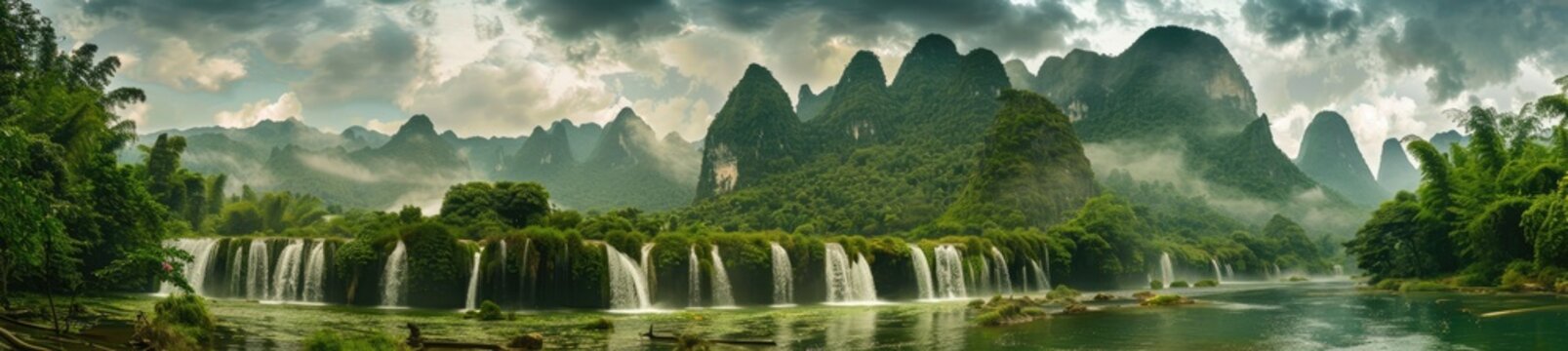 Waterfall Cascades in a Lush Mountain Valley