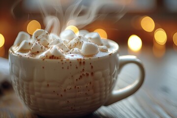 Hot chocolate with marshmallows and steam spiraling