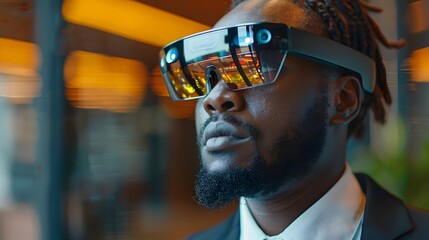 Modern Executive Using Augmented Reality Glasses Visualizing Data and Communicating with Remote Teams