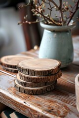 Fototapeta premium Rustic Handmade Wooden Coasters on Vintage Table, Perfect for Home Decor and Gifts