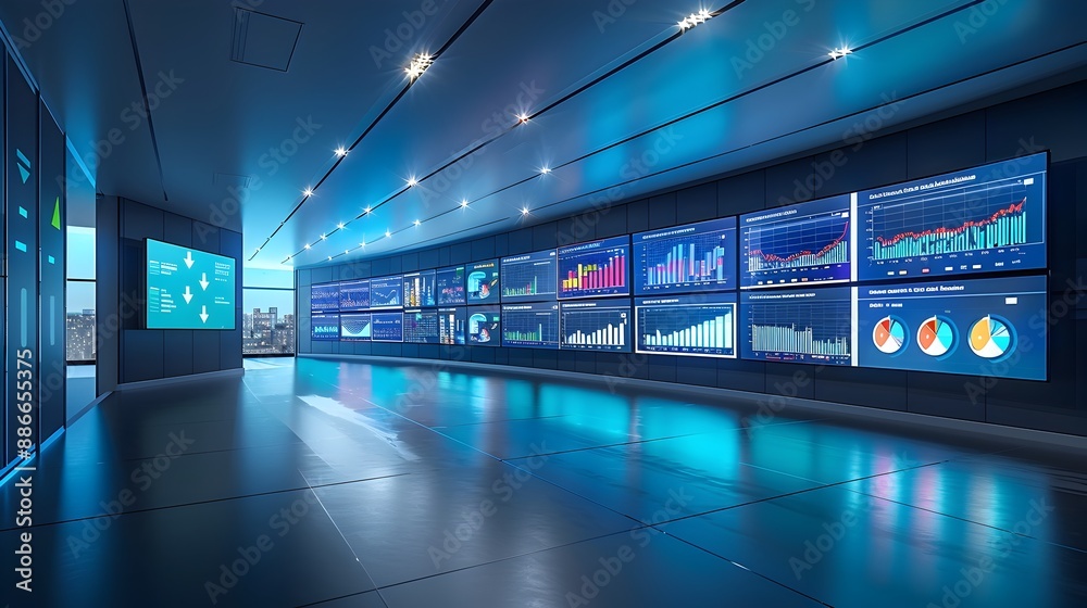 Poster futuristic network center with real time data analytics and communication monitoring dashboard