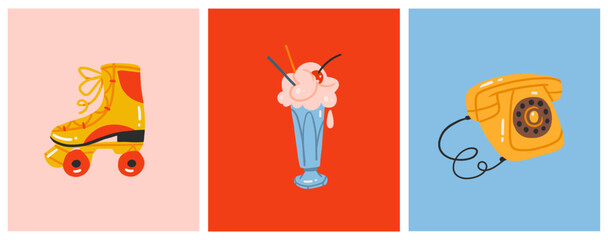 Set of summer retro cartoon 80s-90 snostalgia elements. Hand drawn retro Icons collection set with retro phones,roller skates,ice cream and vintage symbols.Nostalgia set of 1990s,1980s modern symbols.