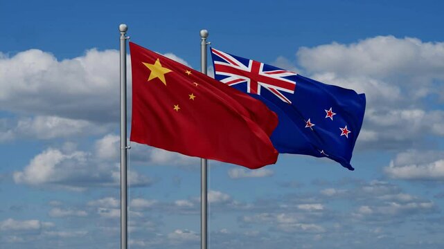 New Zealand and China flags flying together, video concept of the relationship, two country cooperation concept