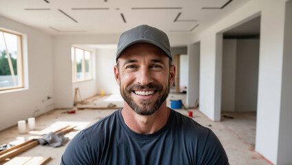 A man wearing a baseball cap smiles at the camera, standing in an unfinished room with bare walls and wooden floorboards