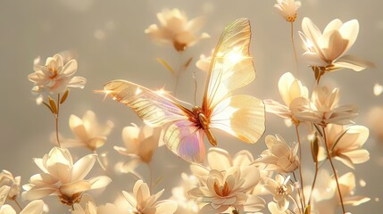 A transparent butterfly with iridescent wings, flying over an array of blooming magnolia flowers in...