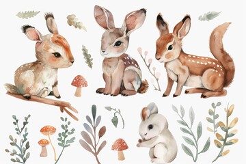 Baby illustration of woodland animals with watercolor forest