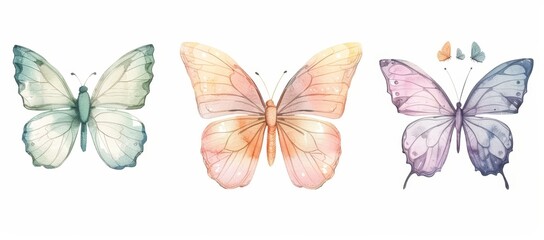 A colorful watercolor illustration of butterflies on a white background. Purple, yellow, green, and pink butterflies.