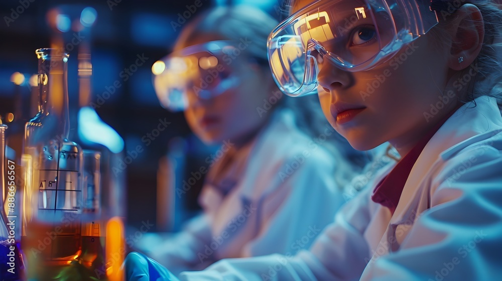 Poster dynamic science experiment session with kids in lab coats and goggles engaging in hands on learning 