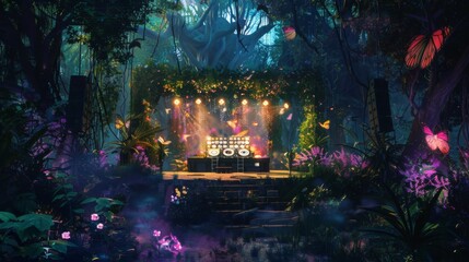 Fototapeta premium A small stage is set up in a dense forest at night, surrounded by lush greenery and illuminated by spotlights. Butterflies flutter in the air, creating a magical ambiance.