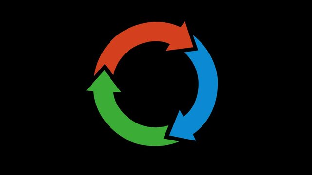 Abstract 3d arrows. Three arrow circle cycle rotating on a white, black and green backgrounds. Use for your content video, streaming, promotion, gaming, advertising, social media, presentation and web