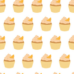 Seamless pattern of cupcakes with cream and orange slice on white background. Hand drawn doodle style 