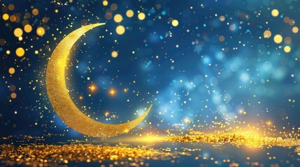 Naklejka premium golden crescent moon with blue background and gold glitter,eid mubarak greeting card concept. AI generated image