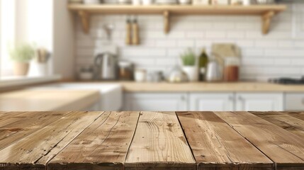 Empty wooden table and blurred kitchen background.AI generated image