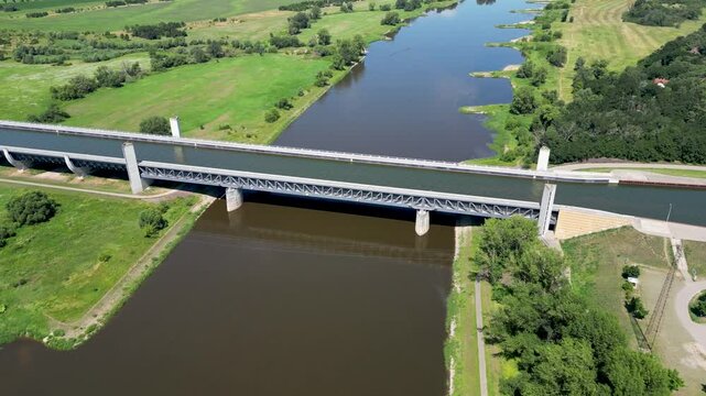 4k drone footage of the Magdeburg Water Bridge spanning the River Elbe near Wolmirstedt, Germany