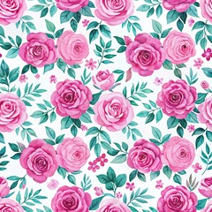 Vibrant Watercolor Floral Pattern with Pink Roses and Green Leaves