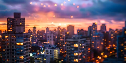 Obraz premium Cityscape at twilight from a rooftop during golden hour A blurred view. Concept Cityscape Photography, Rooftop Views, Golden Hour Moments, Twilight Skyline, Blurred Backgrounds