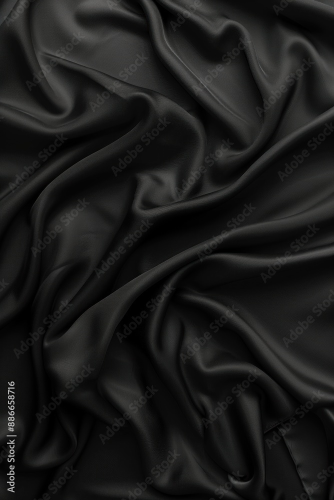 Poster Close-up black fabric view with intricate pattern. Unique fibers add depth and dimension. Blurred background highlights fabric details. Dominant black color with gray, white accents provide contrast.