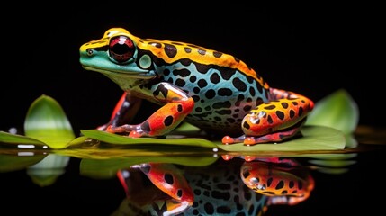 Fototapeta premium A macro photograph of a vibrant Amazonian frog perched on a river lily pad, its intricate markings and bold colors captured in stunning detail