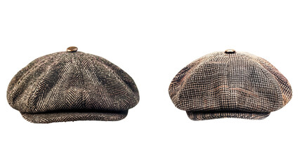Two Vintage Newsboy Cap with Patterned Wool Style with transparent background