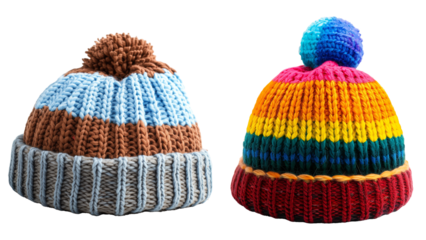 Two Knitted Hat with Bobbles In Orange, Brown, and Blue Stripes
