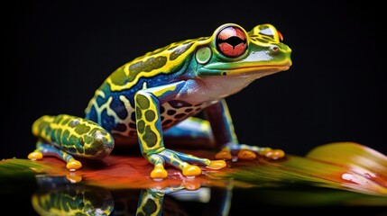A macro photograph of a vibrant Amazonian frog perched on a river lily pad, its intricate markings and bold colors captured in stunning detail