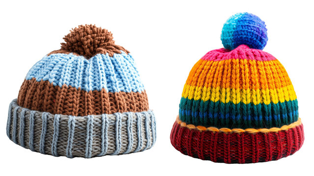 Two Knitted Hat with Bobbles In Orange, Brown, and Blue Stripes