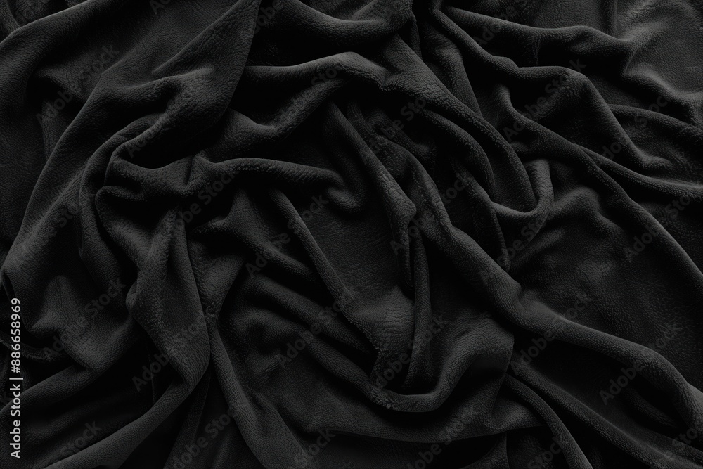 Poster Close-up view of crumpled black fabric with intricate pattern. Fabric appears to be textile or clothing material. Blurred background draws focus to fabric texture and design.
