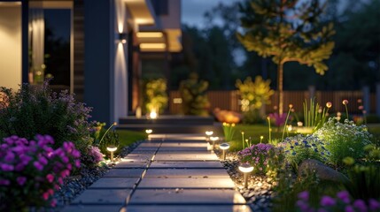 Obraz premium Illuminated home garden path.AI generated image