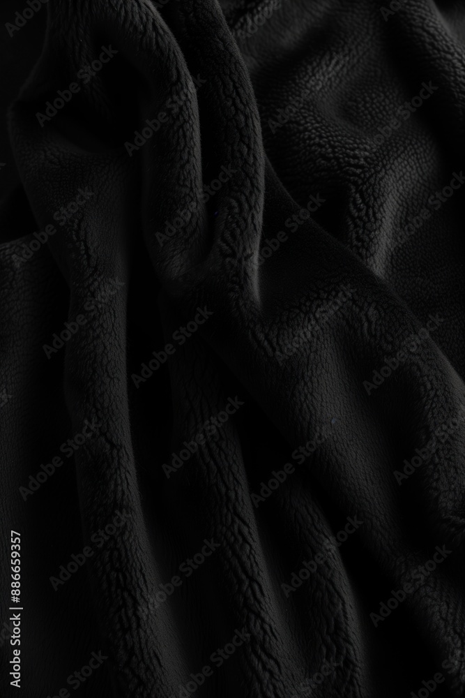 Poster Black fabric texture close-up view with slightly curled surface against gray background. No text or objects visible. Fabric completely covers frame. Simple and smooth black fleece cloth texture.