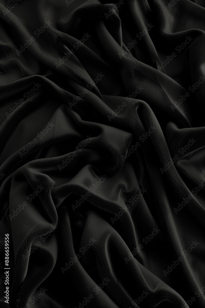 Poster close-up view of black fabric with intricate design. fabric appears wrinkled, folded. beige backgrou