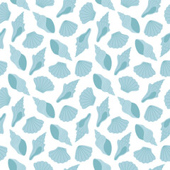 Seamless pattern with hand drawn blue seashell on white background. Template for print, fabric, greeting card and invitation. 