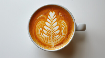 closeup hot coffee latte art cup on table. Hot coffee latte with beautiful milk foam latte art texture isolated on white background, clipping path included. Cup of coffee latte isolate. 