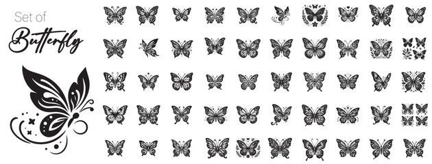 Different butterflies set. Vector illustration. Butterflies silhouette black background on white Background.