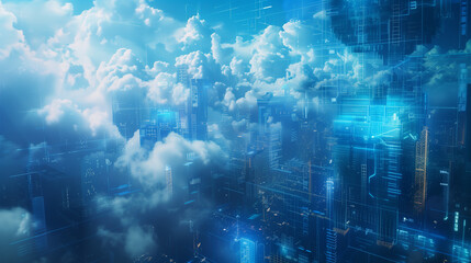Obraz premium Digital cityscape emerging through clouds with data overlays.