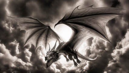 Drawing of a dragon flying in the sky, cool dragon background.