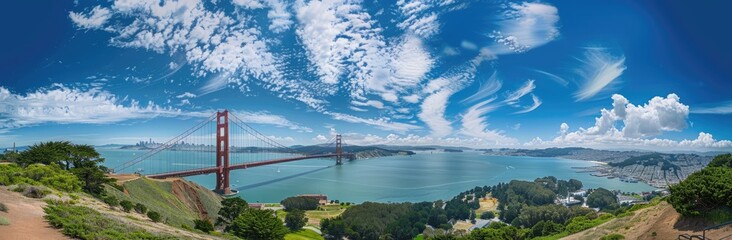 Fototapeta premium Golden Gate Bridge Panorama with Blue Sky and White Clouds