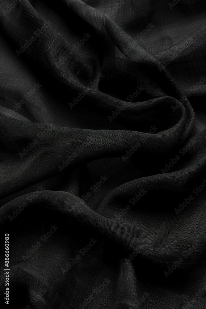 Aufkleber close-up view of black fabric with subtle sheen. fabric folded in half intricate texture. gray backg