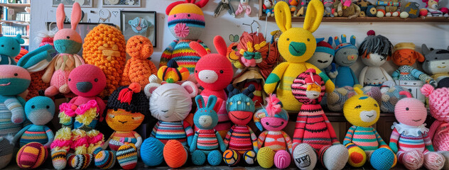 Colorful Handmade Crocheted Toys Array for Children's Playroom and Nursery Decor