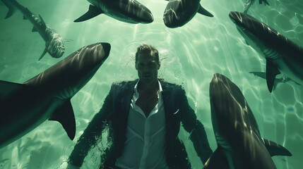 Man in a suit surrounded by sharks underwater.