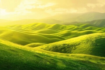 Obraz premium Sunlit Hills: A Lush Green Landscape Under a Golden Sky
