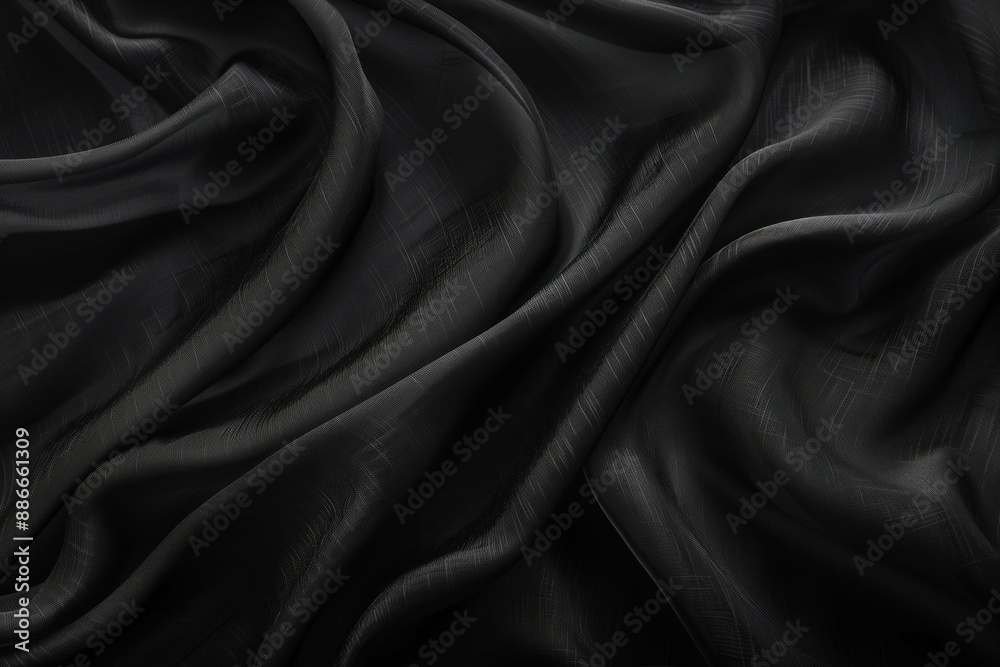 Poster Black fabric texture close-up view shows subtle wrinkles folds depth. Fabric transitions to lighter shade creating contrast black background blurred out focus on fabric.