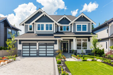 A large house with a white garage door and a black front door