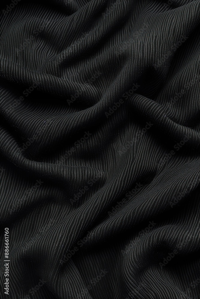 Poster Close-up view of black fabric with unique wavy pattern. Fabric texture adds depth and dimension to scene. Solid gray background provides stark contrast highlighting fabric.