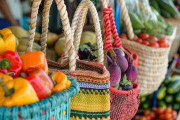 Vibrant Farmers Market Scene with Colorful Eco-Friendly Shopping Bags and Fresh Produce