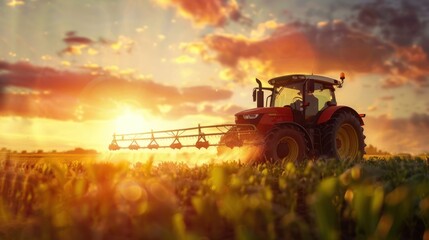 Fototapeta premium Tractor spray fertilize field with insecticide herbicide chemicals in agriculture field.AI generated image