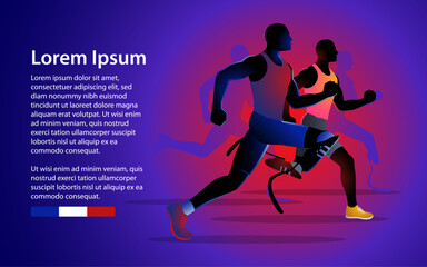 Vibrant colors of Para athletes races with prosthetic legs. Perfect for a sports event article, this highlights determination, athleticism, and the triumph of the human spirit.