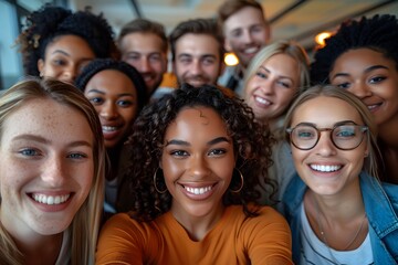 Obraz premium Multicultural Happy Team: Embracing Friendship and Smiles in a Young Group selfie Portrait in office