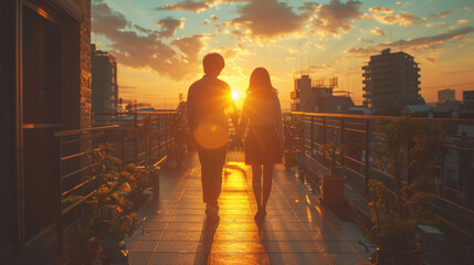 A couple walks hand-in-hand on a rooftop, bathed in the golden light of a setting sun.
