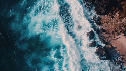 Aerial shot of serene ocean waves by a rocky shore, in pastel turquoise and soft peach, ultra HD, minimalist and elegant