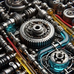 Detailed 3d background of futuristic mechanisms, gears with machine oil between them, wires, transparent tubes with colored liquid
